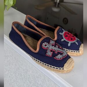 Tory Burch Nautical Navy Espadrille Flats with Red Logo Size 7M
